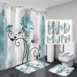 AZHM Rustic Farmhouse Shower Curtain Set 4pcs Farm Teal Daisy Floral Bathroom Decor Set with Shower Curtain and Rugs and Accessories Flower on Country Wooden Bathroom Curtain with 12 Hooks
