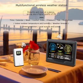 FJ3383M Smart Weather Station with Clock Indoor and Outdoor Temperature & Humidity Meter Multifunctional Large Color Screen Weather Clock Temperature & Humidity Gauge with 1 Sensor(Support up to 3 Sensers)