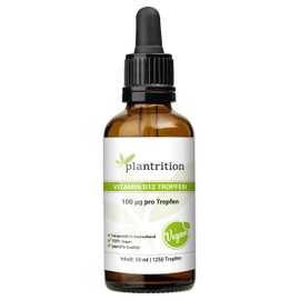 plantrition Vitamin B12 Drops - 1250 Drops Each 100 μg - Both Active Forms (Methyl & Adenosylcobalamin) Without Alcohol, Vegan & Made in DE 50 ml