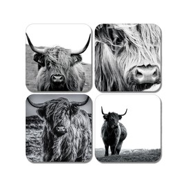 4 x Square Highland Cow Coasters - Animals Black & White Art Drink Living Room Bedroom Coaster Kitchen New House Warming #80858