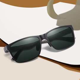 DUCO Men's Polarised Sunglasses with Rectangular Metal Frame and Carbon Fibre Glasses Legs UV400 CAT 3 8206, Black and gold temple, dark green lens