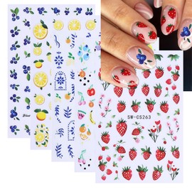 Fruit Nail Stickers Strawberry Lemon Nail Supplies with Flower Design 3D Self-Adhesive Blueberry Nail Decals Cherry Summer Nails Manicure Accessories for Women Girls 5 Sheets