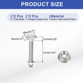 PATIKIL M8 x 43 mm T-Slot Bolts, 12 Sets Drop-in Bolt Hammer Head with Hexagon Flange Nuts T-Bolt Stud Sliding Screw for 40 Series Aluminum Extrusion Profile, Silver