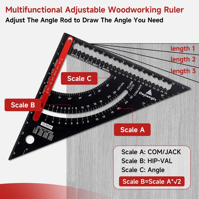 Dajianglx 12 Inch Aluminum Carpenter Square, Woodworking Adjustable Rafter Framing