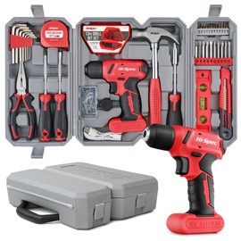 Hi-Spec 58pc Red 8V USB Electric Power Cordless Drill Driver and Home DIY Tool Kit Set. Screw Driver and Drill Bit Set Accessories, Pliers and Hammer In a Toolbox Case