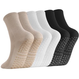 Zuimei 3 Pairs Yoga Grip Socks Women, Womens Long Pilates Socks, Non Slip Pilates Socks Grippy Socks Ladies, Mid-Calf Grip Socks Breathable Cotton Solid Socks for Yoga, Barre, Dance, Ballet, Fitness