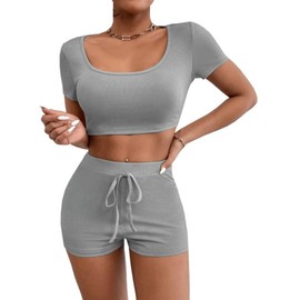 PrinStory Women Tracksuit Casual Women 2 Piece Lounge Sets With Short Sleeve Square Neck Top And Solid Color Short With Waist Tie (Gray, XL)