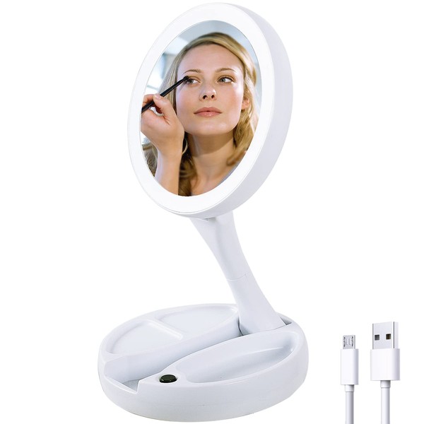 Softfree - Espejo de Maquillaje Plegable con iluminación, Espejo de Doble Cara de Aumento 1X/10X, Espejo de Cambiador LED de 5.9 Pulgadas para Viajes, hogar (Blanco)