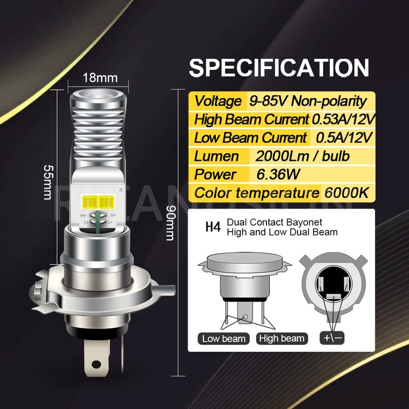 Ruiandsion H4 LED Motorcycle Light Bulb White DC/AC 9-85V Hi/Lo