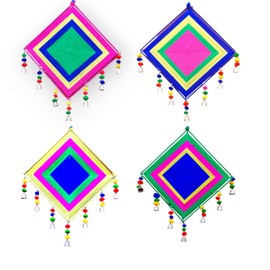 Exclusive 2 pack Assorted Multi Color Kite Shape Decor Hanging Woolen Indian Traditional Handmade Unique Door and Wall Hanging Kite Shape Cotton Home Decor (Small and Medium)
