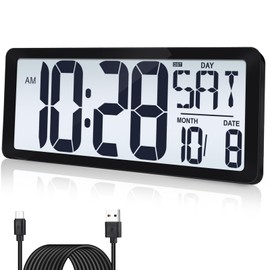 14.5'' Rechargable Large Digital LCD Wall Clock with Backlight Glow in the Dark,Night Light Wall Clock with Week,Date & Temperature,DST,Alarm Display for Living Room, Bedroom, Gift for Elderly