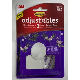 Command® Adjustables™ Repositionable Quartz Hooks, 1/2 Pound, 4 Hooks, 12 Strips 17850Q-4ES