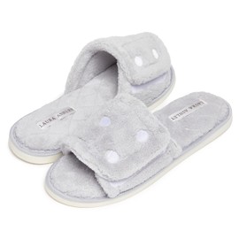 Laura Ashley Open Toe Velcro Band Fluffy Scuff Slippers for Women with Non-Slip Sole, Plush Memory Foam Slippers, Cool Grey