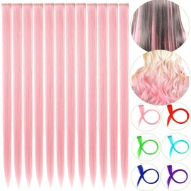 12 PCS Pink Hair Extensions Clip in, 22" Colored Hair Extensions, Highlights Colorful Hair Extensions, Synthetic Straight Hair Piece DIY Hair Accessories on Daily Party (Pink)