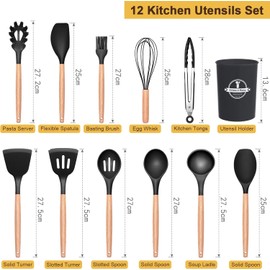 Utensilios de Cocina de Silicona, Juego de 12 Herramientas de Cocina Antiadherentes Resistentes al Calor，Viene con espátula/cuchara/agitador/clip, etc., adecuado para utensilios de cocina. (negro)