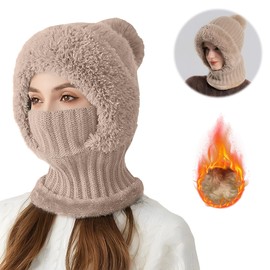 nnOuOnn Women Knit Balaclava, Winter Hats 3 in 1 Cold Resistant Hat, Flexible Beanie Hats with Hairball Soft Thick Fleece Lined Face Mask for Outdoor Skiing Accessories Sports Winter Gift (Khaki)