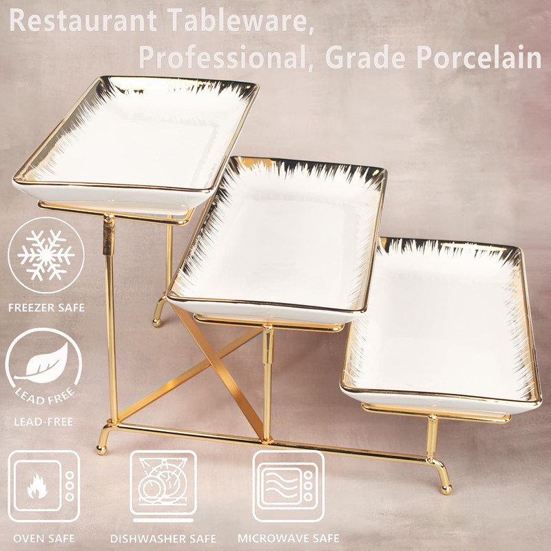 LIUYWYHCF 3-Tier Serving Rack with Ceramic Serving Tray, Foldable Gold