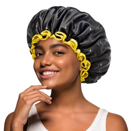 mikimini Black Shower Cap for Women and Men, Reusable Waterproof Bath Cap for Curly Thick Hair, Double-Layered Medium Hair Hats with Yellow Edge