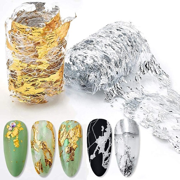 Gold Silver Foil Nail Art Holographic Aluminum Nail Foil Flakes Stickers Nail Sequins 3D Glitter Line Decoration DIY Design Accessories Rainbow Nail Art Supplies Gold Nail Decals
