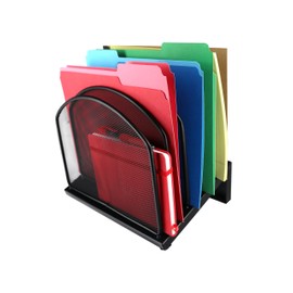 Huron Desktop Inclined Slant 5-Slot File Binder Organizer Storage, Black Steel Mesh