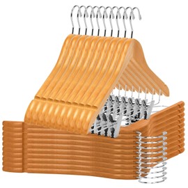 Quality Wooden Skirt Hangers with Clips, 20-Pack Semi Curved, Smooth Solid Wood Pants Hangers with Durable Adjustable Metal Clips, Swivel Hook, Coat, Jacket, Blouse Suit Hangers (Natural, 20)