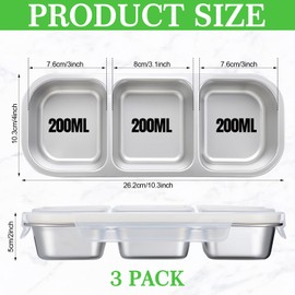 e esscopro 3 Pack Stainless Steel Snack Containers Reusable 20 oz 3 Compartment Bento Lunch Condiment Box with White Lids Divided Food Storage Containers for Office, Home, Daycare, Travel