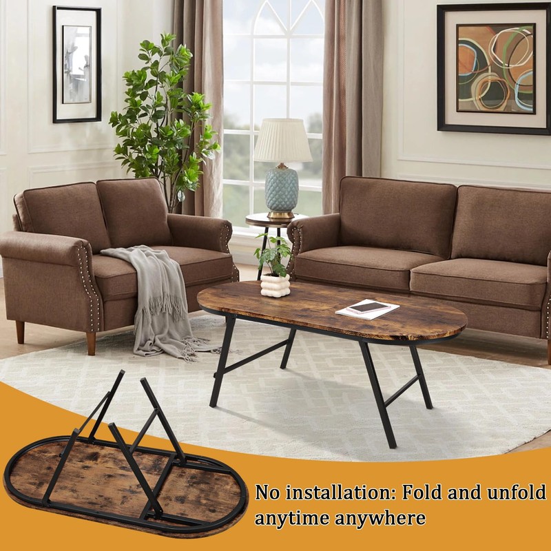 FEUFOAM Folding Coffee Table for Living Room Industrial Brown Small