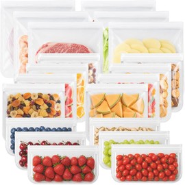 LSXD Bolsas Reutilizables para Alimentos, Paquete de 20 Bolsas de Silicona para Congelar Alimentos Sin BPA, Bolsas Resellables para Sándwich, Aperitivos, Carne, Verduras y Frutas (Transparente)