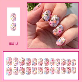 QEYRIYI Colorful Flowers Press on Nails Short Square Fake Nail Spring Summer Colorful Floral False Nails Acrylic Glossy Glue on Nail Full Cover Artificial Stick on Nail for Women 24 Pcs