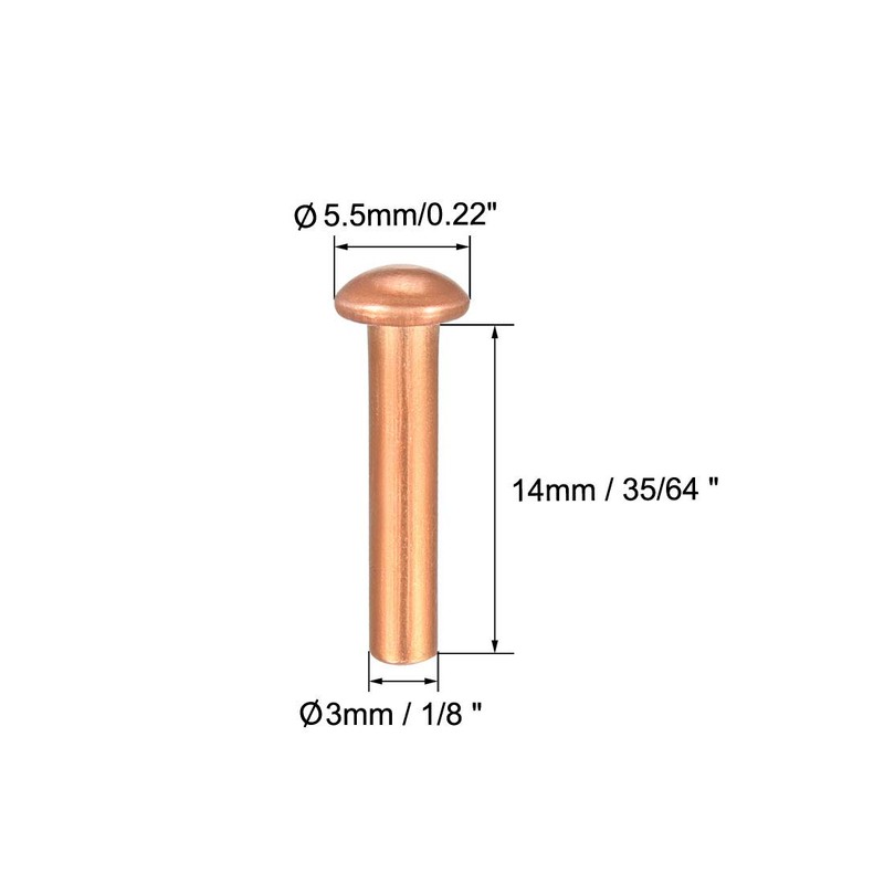 sourcing map 50Pcs 1/8" x 35/64" Round Head Copper Solid