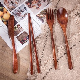 DFsucces Spoon Fork Cutlery Set, 4 Pieces, Natural Wood, Length 8.9 inches (22.5 cm), Integrated Design, Dessert Spoon, Pasta Fork, Camping, Lunch Box, Commuter Tableware Set (4 Piece Set + Morning