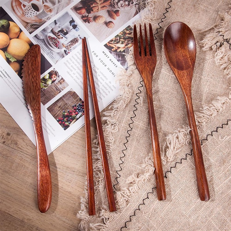DFsucces Spoon Fork Cutlery Set, 4 Pieces, Natural Wood, Length