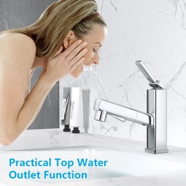 MIAOHUI Pull Out Single Hole Bathroom Faucet, 3 Spray Mode Single Handle Bathroom Faucets for Sink 1 Hole, Bathroom Sink Faucet with Pull Down Sprayer, Vanity Faucet with Fountain Mode, Chrome