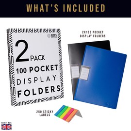 Ziffs Office® 2 x 100 Pocket A4 Display Folders - A4 Display Folders with Plastic Pockets - Display Book - Folders - Presentation Folders - 250 Sticky Labels Included - Project Folder - British Brand