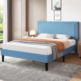 VECELO Queen Size Bed Frame with Adjustable Upholstered Headboard, Wooden Slats Platform, Noise-Free Design, Easy Assembly
