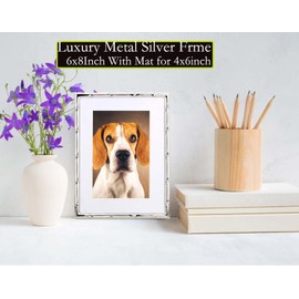 6x8'' Bamboo Detail Designs Silver Metal Picture Frame 2pack, 6x8'' Narrow Silver Plated Photo Frames With Mat for 4 x6', Frames with Soft Touch Velvet Backing for Desktop and Wall Décor(Silver)