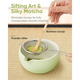 Joiish Traditional Matcha Starter Set, Bamboo Whisk (Chasen), Scoop (Chashaku), Stainless Steel Sifter, Basic Matcha Tea Making Kit