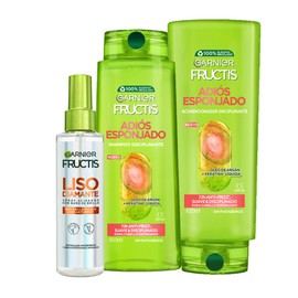 Kit Garnier Fructis Rutina Adiós Esponjado Antifrizz para cabello Shampoo 650ml  Acondicionador 650ml  Spray Alisador 150ml, 100H de brillo, Keratina 