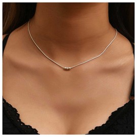 Allereya Boho Bead Pendant Necklace Silver Round Snake Chain Necklace Choker Tiny Bead Choker Necklace Minimal Collarbone Necklace Jewelry for Women and Girls