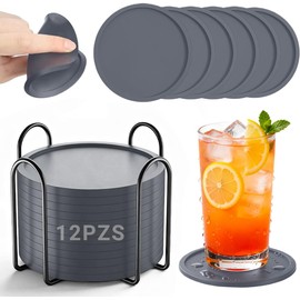 INGEQUIS 12 Piezas Posavasos de Silicona para Mesa, Portavasos Antideslizantes con Soporte, Resistente al Calor para Fiesta, Hogar, Restaurante, Cafetería, Bar(Gris)