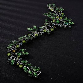 Teyglen Handmade Bridal Rhinestones Pearls Crystal Headband Vine Hair Accessory for Brides and Women (Green)