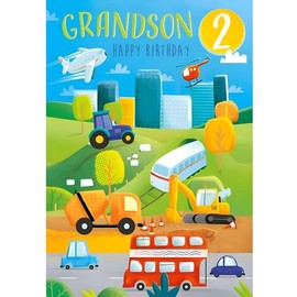 Grandson 2nd Birthday Card - Age 2 - Tractor, Digger and Bus - Contemporary Vehicles Design - Made in the UK - Eco-Friendly