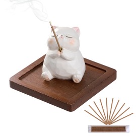 Lionpower Incense Holder for Sticks with Burner & Ash Catcher - Resin Cat, Wooden Tray, 10 Incense Sticks for Meditation Yoga Spa, Cute Home Decor Room Accessories (Cat)