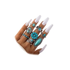OAOSIOH 8Pcs Western Turquoise Flower Statement Rings Set for Women Exaggerated Oval Natural Stone Stackable Knuckle Ring Vintage Stack Finger Jewelry Gifts (Turquoise)