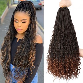 Bohemian Box Braids Crochet Hair 18 Inch Goddess Box Braids Crochet Hair for Black Women 8 Packs Boho Box Braids with Curly Ends 3X Crochet Braids Synthetic Braiding Hair T1B/30
