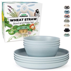 Grow Forward Premium Wheat Straw Plates and Bowls Sets - 8-Piece Wheat Straw Dinnerware Sets - Unbreakable & Reusable Microwave Safe Plastic Dinner Plates for Outdoors, RV, Camping Dishes - Glacier