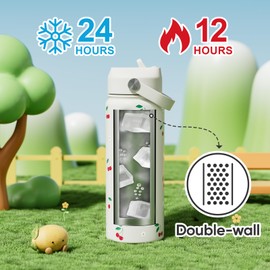 KEWIXY 18 oz Insulated Water Bottle with Straw, Leak Proof, Cup Holder Fit, Stainless Steel with Flip Straw and Handle, Reusable, Metal, for Travel, Gym and School (Cream Cherry)