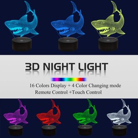 Shark Gifts, Shark Fan 3D Night Light 16 Colors Changing Night Lamp for Kids with Remote Control, 3D Illusion Lamp Birthday Gifts from Age 2 3 4 5 6+ Years for Boys Girls Men Women