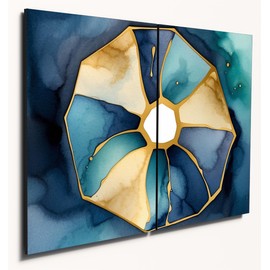 The Plum Penguin Heptagon Fluid Abstract Wall Art, A4 Dual Wood MDF Panels, Indigo Teal & Gold-Amethyst Print Canvas Alternative 40 x 30cm