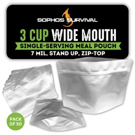 50 Mylar Bags for Food Storage, Airtight 7-Mil Thick Gusseted Zip Lock, Long Term, Reusable, Emergency Food Supply & Freeze Dryer Bags - 3 Cups 6.5x8.5 Inch